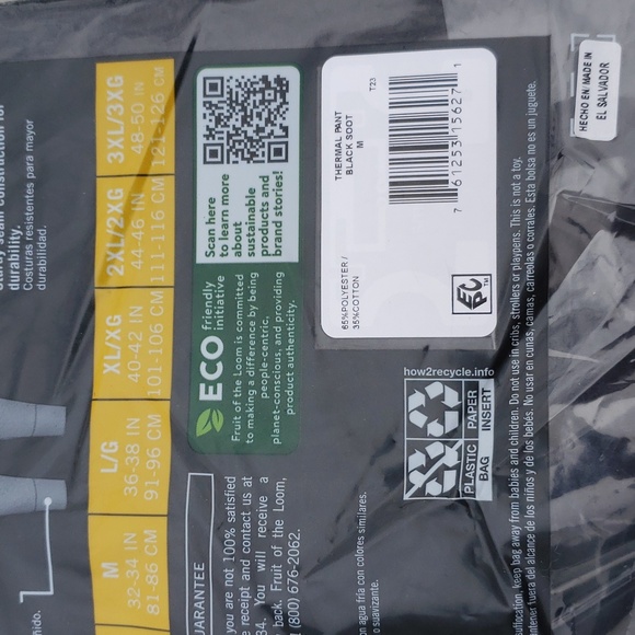 2nd ItemFRUIT OF THE LOOM NWT Men's BLACK Thermal Long John Bottoms Med OR Large - Picture 6 of 6